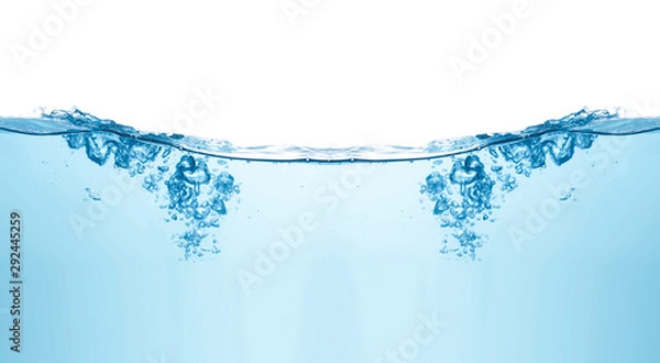 Fototapeta Blue water splashs wave surface with bubbles of air on white background.