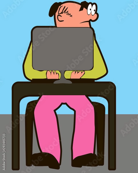 Fototapeta  a man in pink pants with a laptop