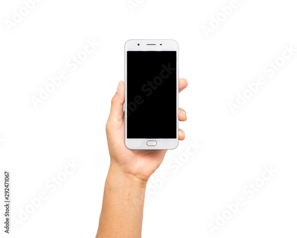 Obraz close up hand hold smartphone isolated on white background. man hand holding smartphone device and touching screen.