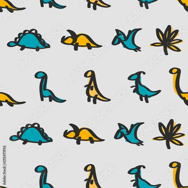 Fototapeta Vector doodle dinosaur seamless pattern in doodle style for children textile, logo. Icon set of different dino - tyrannosaurus, triceratops, pterodactylus, stegosaurus, diplodocus, tropical leaf