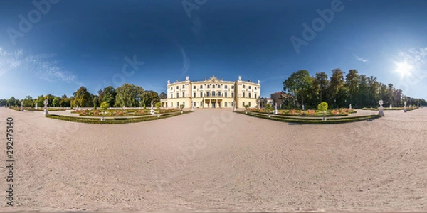Fototapeta full seamless spherical hdri panorama 360 degrees angle view of city park near courtyard restored medieval castle with sculptures  equirectangular projection with zenith and nadir. for VR content