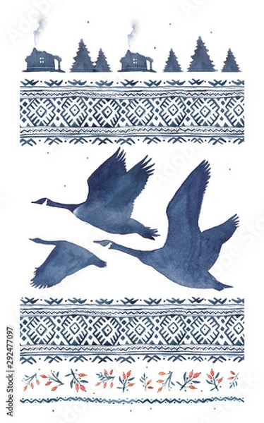 Obraz Watercolor illustration in blue tones with a silhouette of a flock of geese and a northern pattern.