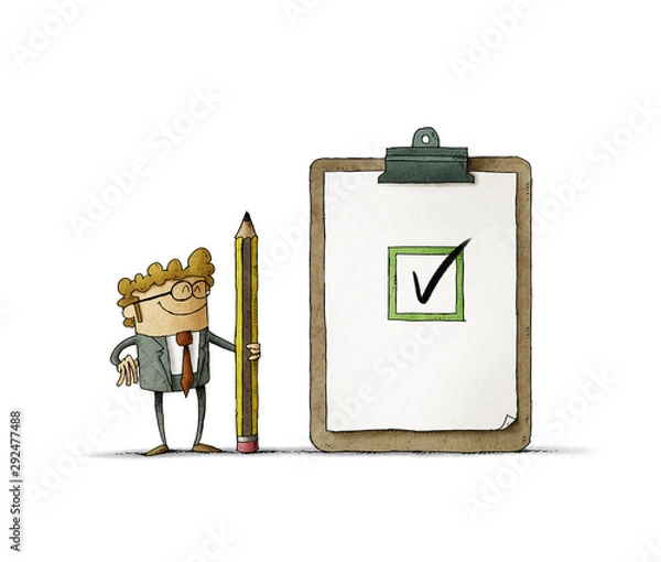 Obraz Business man with a giant pencil in her hand next to a clipboard with checklist. Successful completion of business tasks. isolated