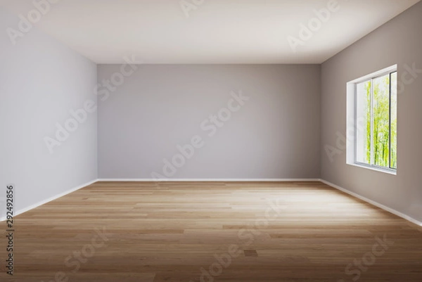Fototapeta Puste miejsce na makietę. Pusty pokój z jasną ścianą i drewnianą podłogą. Renderowania 3D.