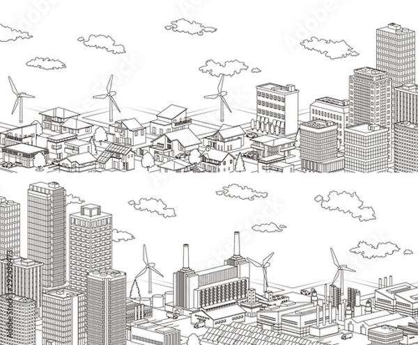 Obraz Isometric line drawing of divided city, house and factory