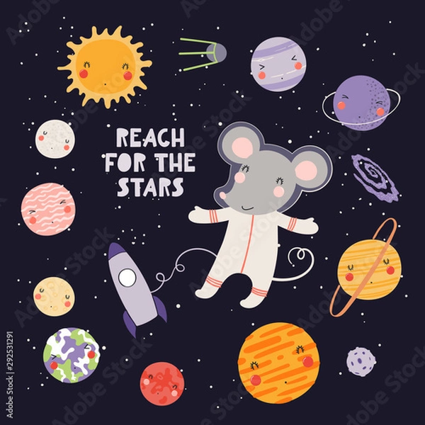 Fototapeta Hand drawn vector illustration of a cute mouse astronaut in space, with Solar system planets, quote Reach for the stars. Isolated on dark. Scandinavian style flat design. Concept for children print.