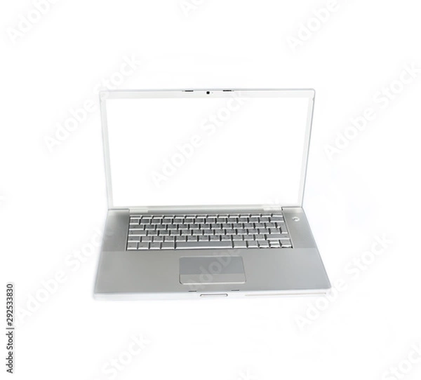 Fototapeta Modern laptop computer with blank screen made of aluminum casing closeup, isolated on white background 