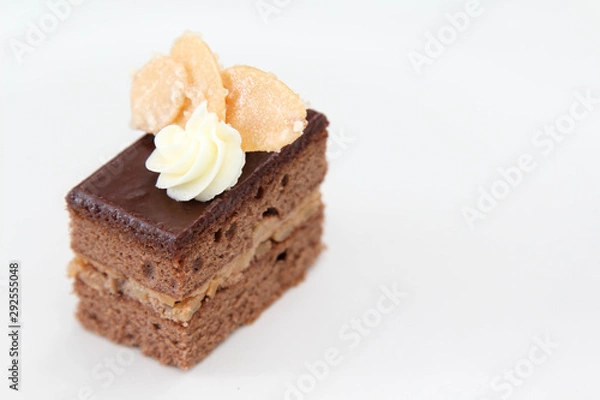 Obraz Delicious chocolate cake on white background.