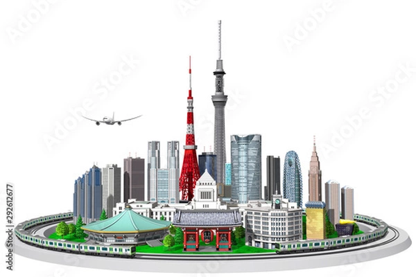 Obraz Tokyo white background surrounded by train in 3d rendering
