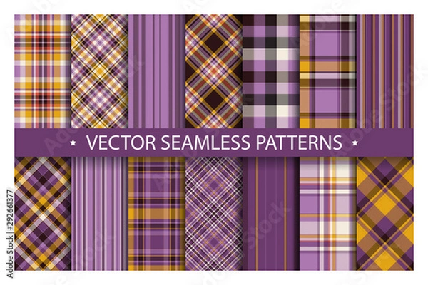 Obraz Set plaid pattern seamless. Tartan patterns fabric texture. Checkered geometric vector background. Scottish stripe blanket backdrop