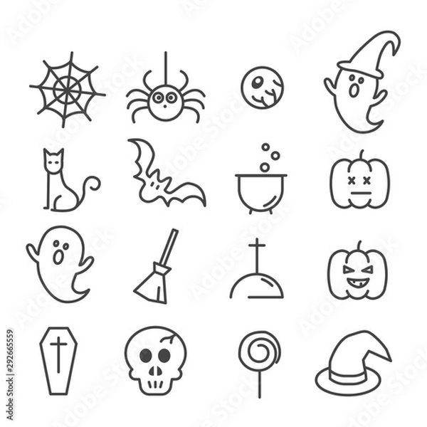 Fototapeta Simple set of Halloween icon such as cute ghost and bat isolated. Modern outline on white background