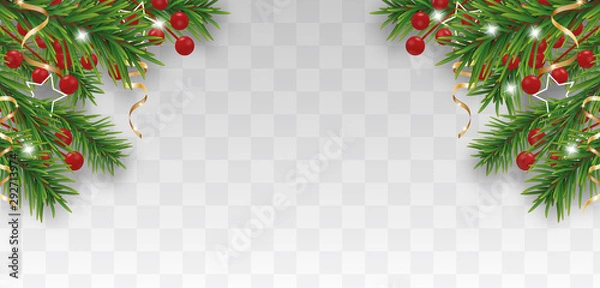 Fototapeta Christmas and Happy New Year border with Christmas tree branches and holly berries, golden ribbons on transparent background. Vector