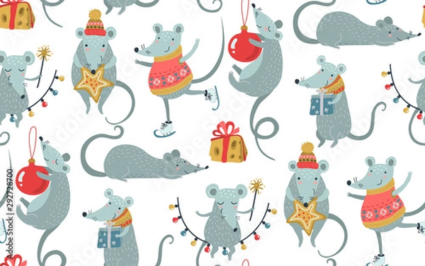 Fototapeta Vector seamless pattern of 2020 Chinese New Year simbol. Mouse, Rat horoscope sign. Hand drawn endless background