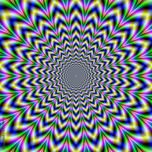 Obraz Psychodeliczny puls w kolorze zielonym, niebieskim, żółtym i różowym / Abstrakcyjny obraz fraktalny z wymagającym optycznie, kolorowym wzorem w kolorze niebieskim, żółtym, zielonym i różowym.