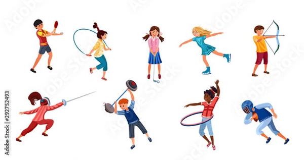 Fototapeta Set of children doing various kinds of sports activities. Vector illustration in flat cartoon style