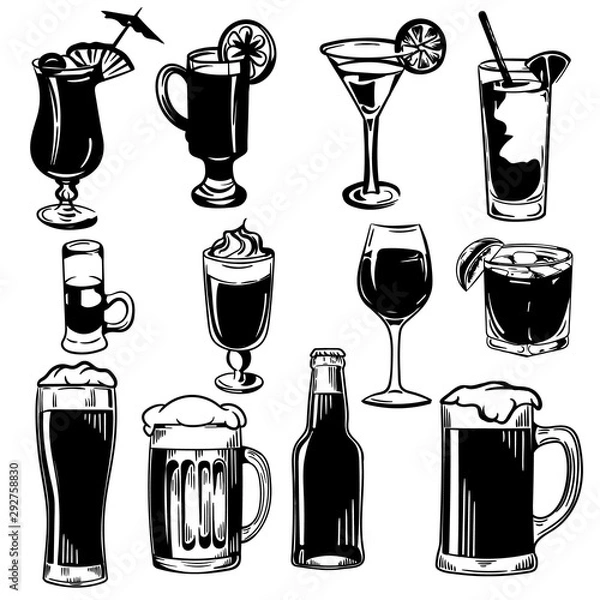 Fototapeta Vector hand drawn big set of alcohol drinks isolated on white background.