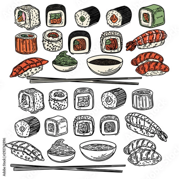 Fototapeta Vector hand drawn big set of  sushi rolls, wasabi, soy sauce and chopsticks.