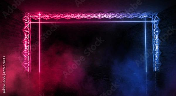 Fototapeta Dark scene, room with neon light beams. Futuristic neon background. Smoke, night view, wall lighting. Abstract light, light tunnel, backlit design on stage. Old brick walls with neon lights. 