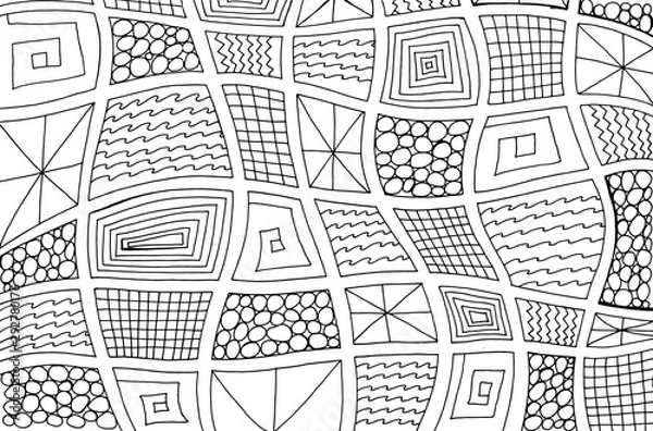 Obraz Square doodles. Abstract colorinf page for adults. Cartoon drawing. Line art. Ornamental backdrop. Vector illustration