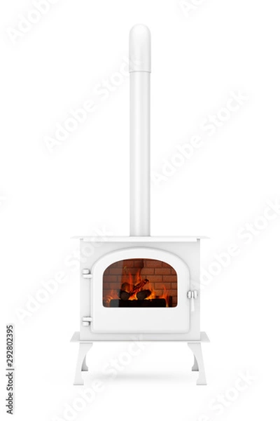Fototapeta Classic Оpen Home Fireplace Stove with Chimney Pipe and Firewood Burning in Red Hot Flame in Clay Style. 3d Rendering