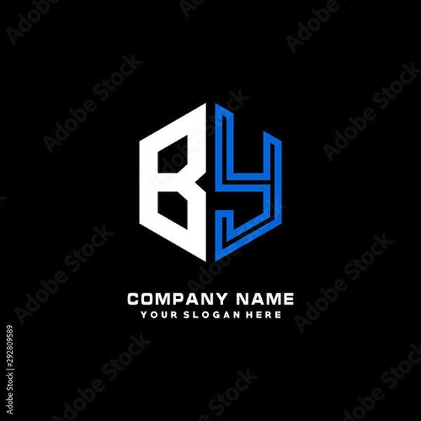 Fototapeta Initial letter BY minimalist line art hexagon shape logo. color  blue,white,black background
