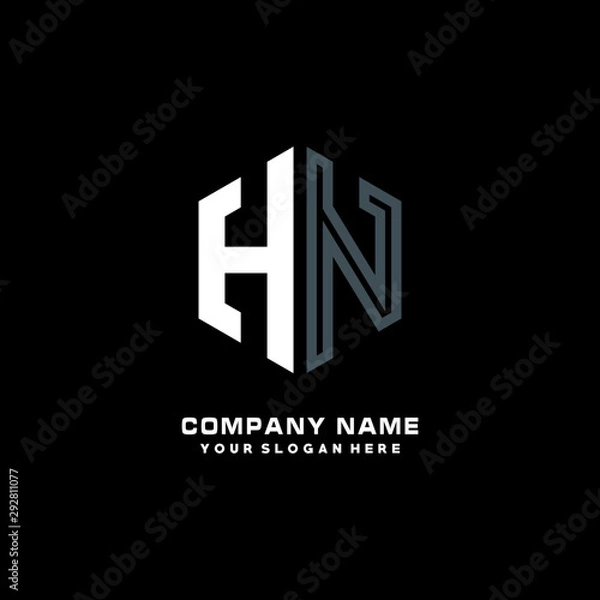 Fototapeta Initial letter HN minimalist line art hexagon shape logo. color  blue,white,black background