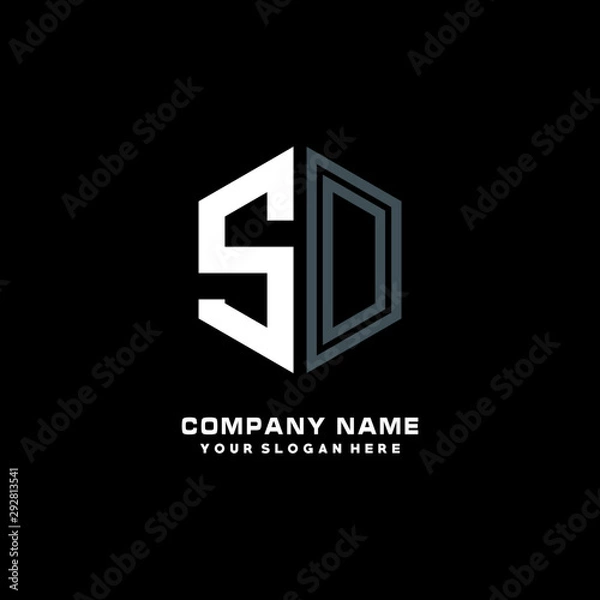 Fototapeta Initial letter SD minimalist line art hexagon shape logo. color  blue,white,black background