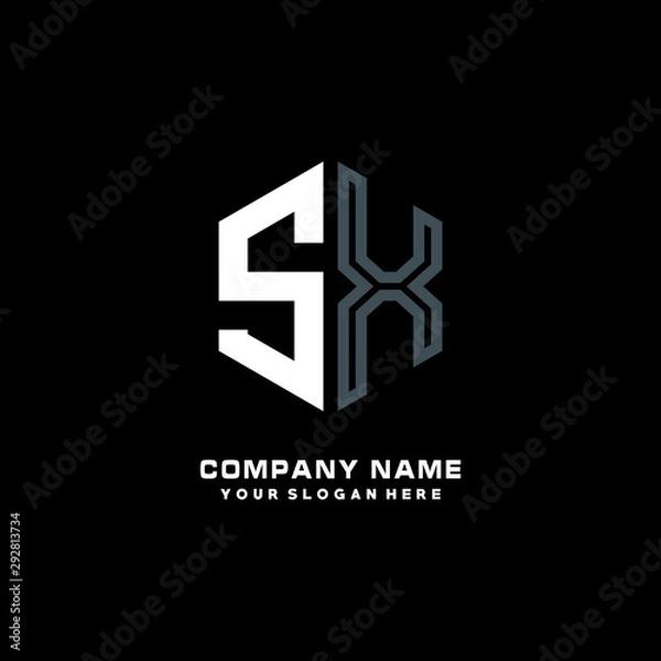 Fototapeta Initial letter SX minimalist line art hexagon shape logo. color  blue,white,black background