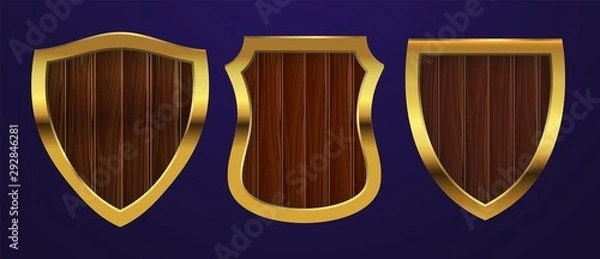 Fototapeta Realistic shields. Vector medieval shields with metal and wood. Heraldic elements. Medieval protection shield, metal and wood realistic military illustration