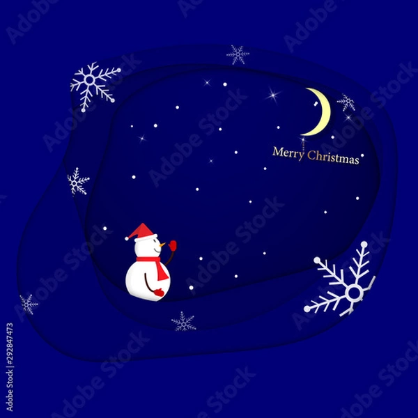 Fototapeta Paper cut Christmas background with standing snowman and falling snow at the night time design