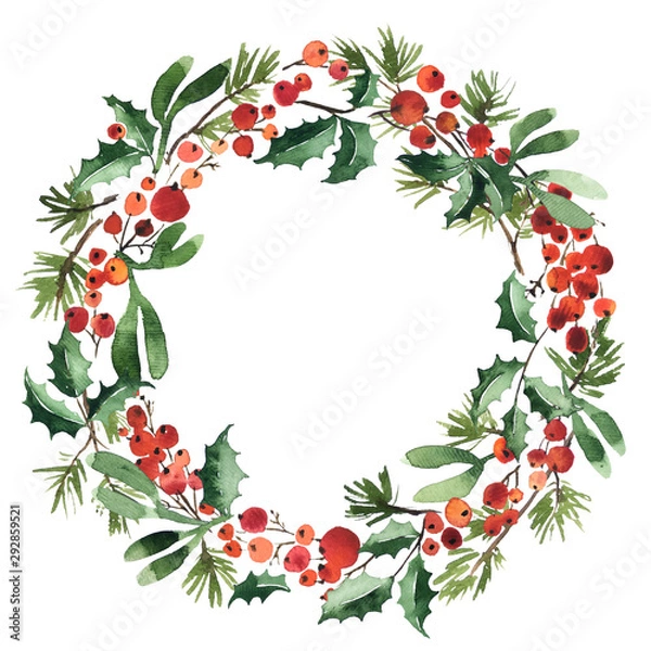 Fototapeta Watercolor wreath of spruce with holly berries and mistletoe for Christmas decoration