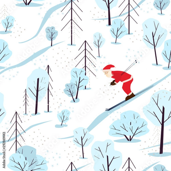 Obraz Seamless festive pattern with winter forest and santa claus. Santa Claus is skiing. Scandinavian landscape with firs and snowy trees. Creative illustration for the children. Flat cartoon style