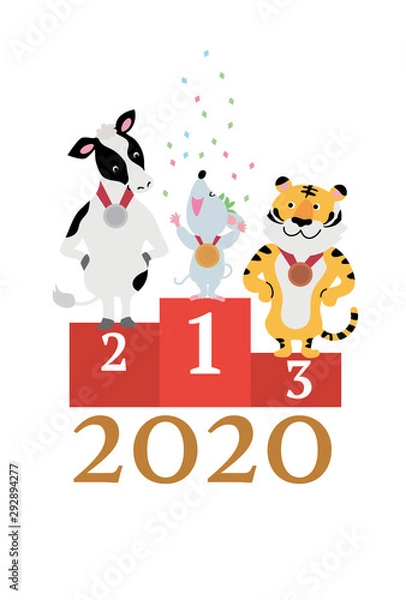 Obraz 年賀状　2020　デザイン　オリンピック　表彰式　ねずみ年　イラスト