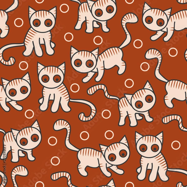 Fototapeta Vector seamless cat pattern in orange and beige. Simple abstract doodle tabby cat made into repeat. Great for background, wallpaper, wrapping paper, packaging, fashion.