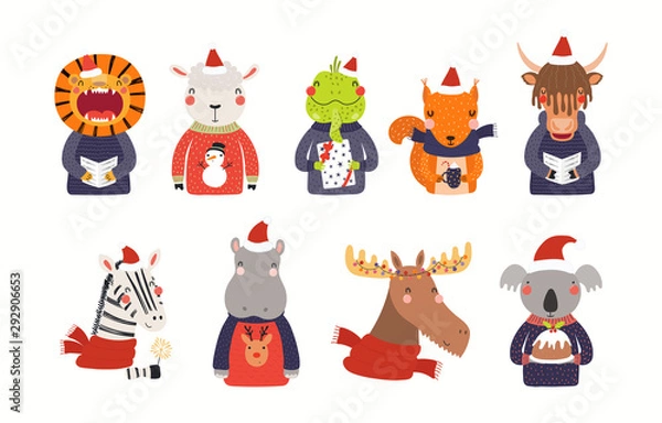 Fototapeta Big Christmas set with cute animals in Santa Claus hats, ugly sweaters. Isolated objects on white background. Hand drawn vector illustration. Scandinavian style flat design. Concept for children print