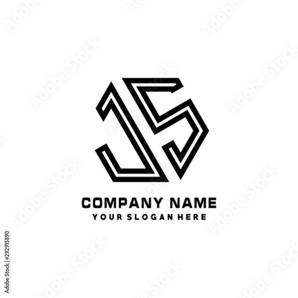 Fototapeta JS initial letters, hexagon logo minimalist art lines, black color