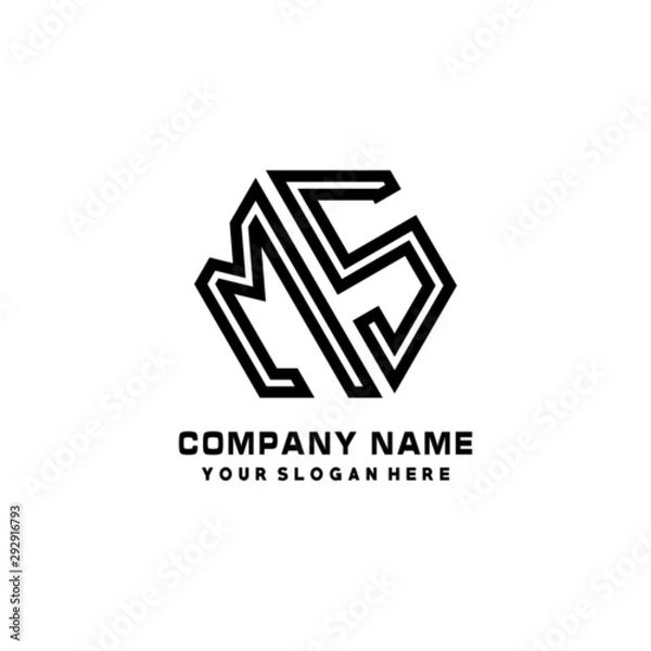 Fototapeta MS initial letters, hexagon logo minimalist art lines, black color