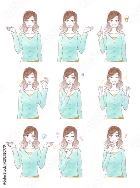 Obraz 若い女性の表情セット