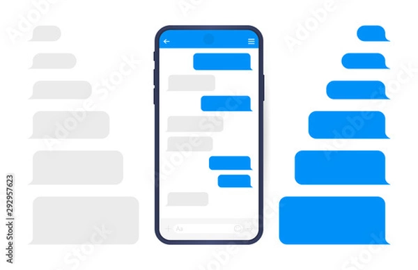 Obraz Smart Phone with messenger chat screen. Sms template bubbles for compose dialogues. Modern vector illustration flat style