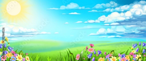 Obraz background with field, flowers and sky