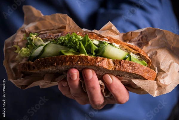 Fototapeta Woman's hand holding a sandwich filled with fresh salad, cucumber and avocado. Gourmet conception.