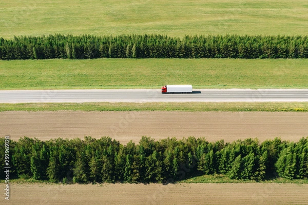 Fototapeta Aerial shot of red semi truck with white cargo trailer on the highway in a countryside between two rows of trees on a sunny day. Transportation in a summer season