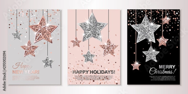 Fototapeta Banners set of three sheets with hanging rose gold and silver stars. Vector flyer design templates for invitations, brochure design, certificates. All isolated and layered