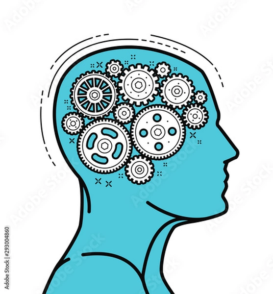 Fototapeta Brain and head, mechanical gears in progress. Vector illustration