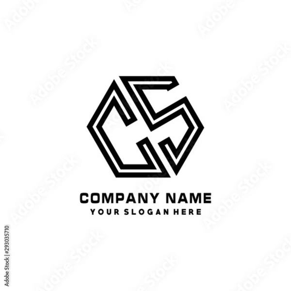 Fototapeta CS initial letters, hexagon logo minimalist art lines, black color