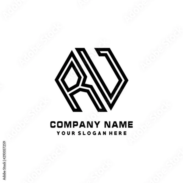 Fototapeta RV initial letters, hexagon logo minimalist art lines, black color