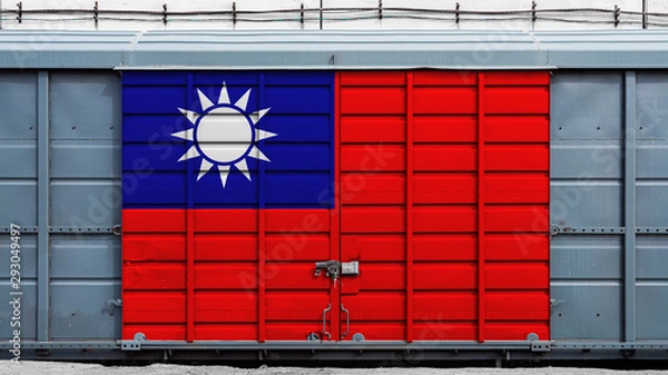 Fototapeta Front view of a container train freight car with a large metal lock with the national flag of Taiwan.The concept of export-import,transportation, national delivery of goods and rail transportation