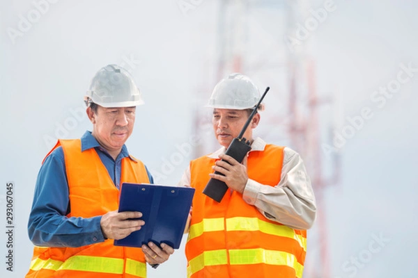 Obraz Engineer or Businessman and Architect use portable Radio and Ring binder on Project Development
