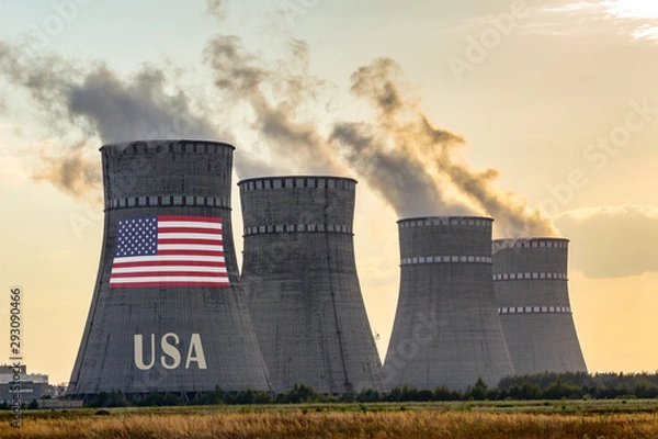 Fototapeta Nuclear plant chimneys with flag of USA ans country name text. Energy polution accidents in a country concept.