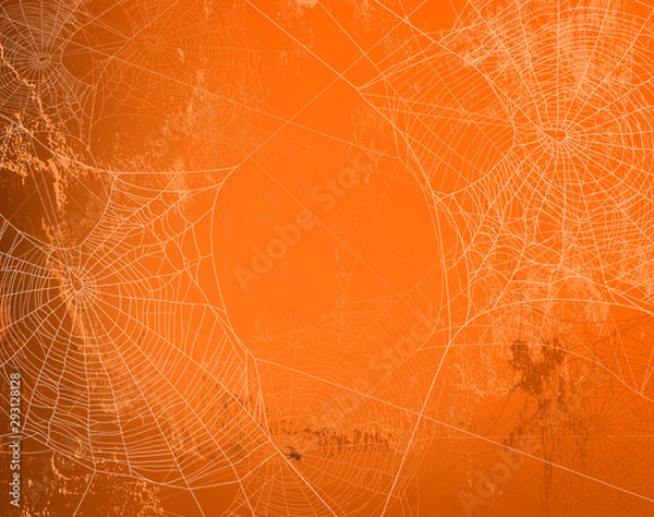 Obraz shabby pomarańczowa ściana pokryta upiorną pajęczyną - motyw halloween jasne tło kopii przestrzeni